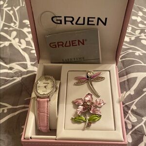 Vintage Gruen Women's Pink Watch and Floral Brooch Set